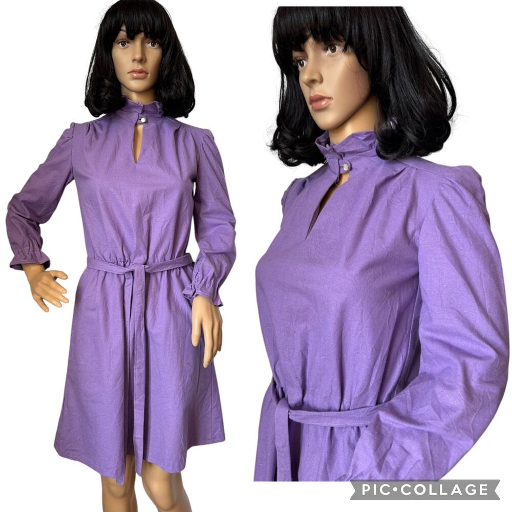 Vintage OOAK Purple cotton mini dress high ruffled keyhole collar belt small